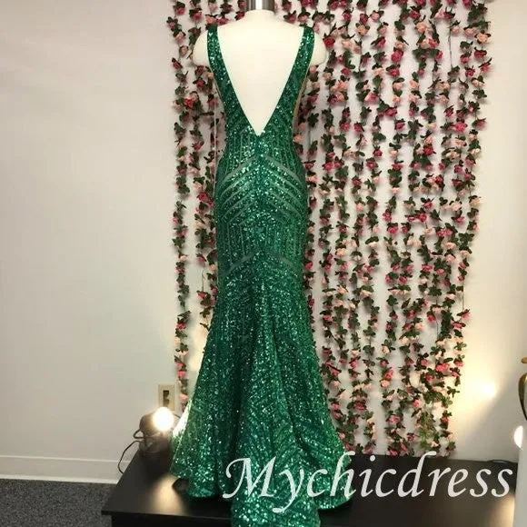 V Neck Emerald Green mermaid Sequin Prom Dresses Long Evening Dress sold by My Chic Dress product image thumbnail 3