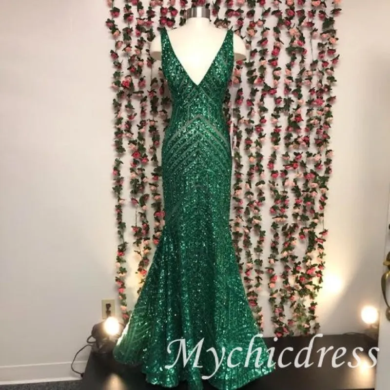 V Neck Emerald Green mermaid Sequin Prom Dresses Long Evening Dress sold by My Chic Dress