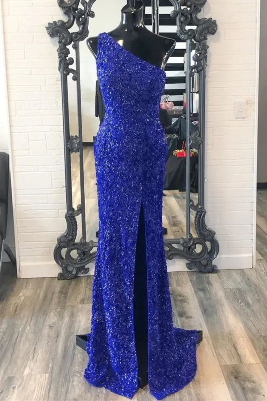 2025 One Shouder Royal Blue Prom Dresses Long Sequin Evening Dress sold by My Chic Dress
