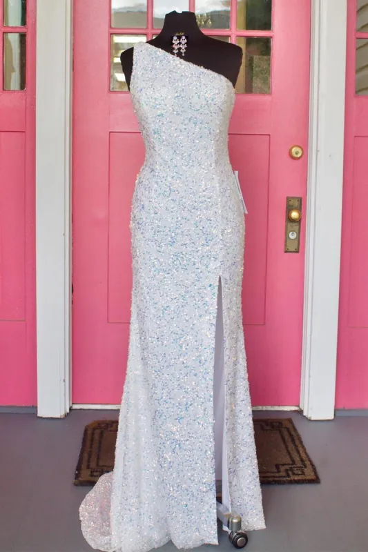 White Sequined Long Prom Dresses Mermaid One Shoulder with Slit sold by My Chic Dress