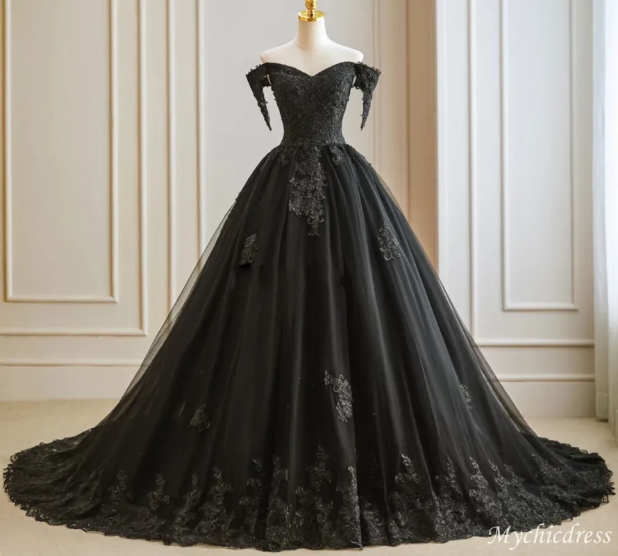 Ball Gown Lace Black Wedding Dress Beaded with Cold Shoulder sold by My Chic Dress