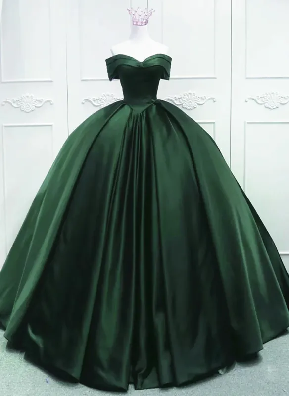 Off the Shoulder Ball Gown Green Satin Quinceanera Dresses sold by My Chic Dress