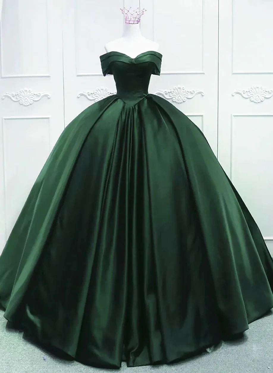 Off the Shoulder Ball Gown Green Satin Quinceanera Dresses sold by My Chic Dress