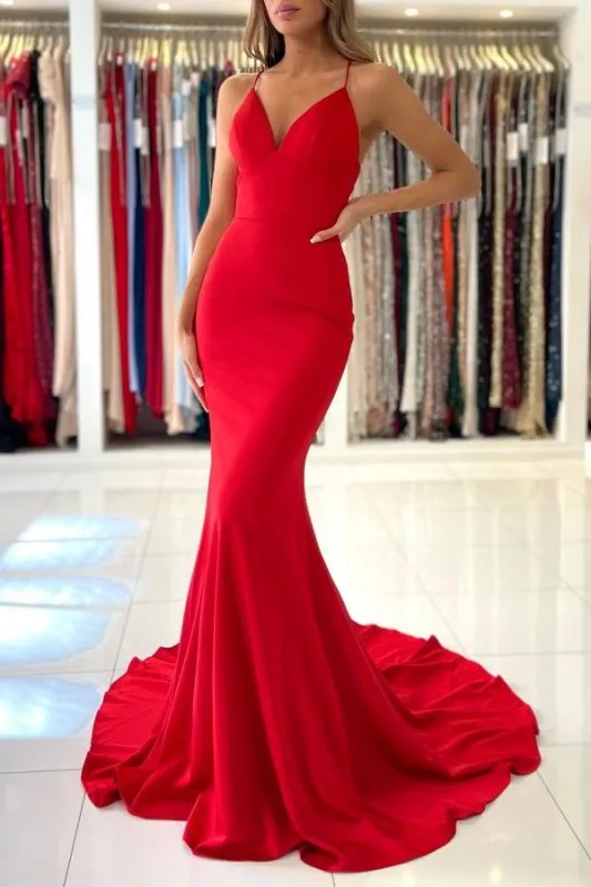 Long Red Prom Dresses Mermaid V-Neck Evening Dress Spaghetti Strap sold by My Chic Dress