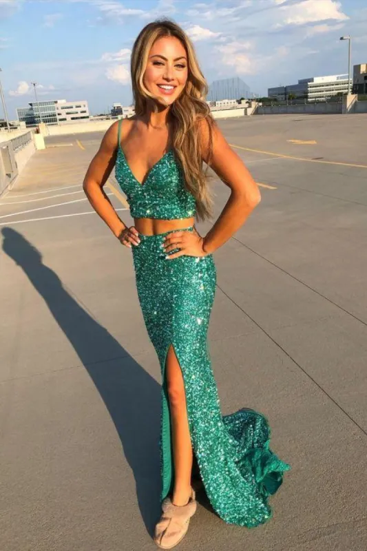 Long Sequin Mermaid Green Two Piece Prom Dresses sold by My Chic Dress