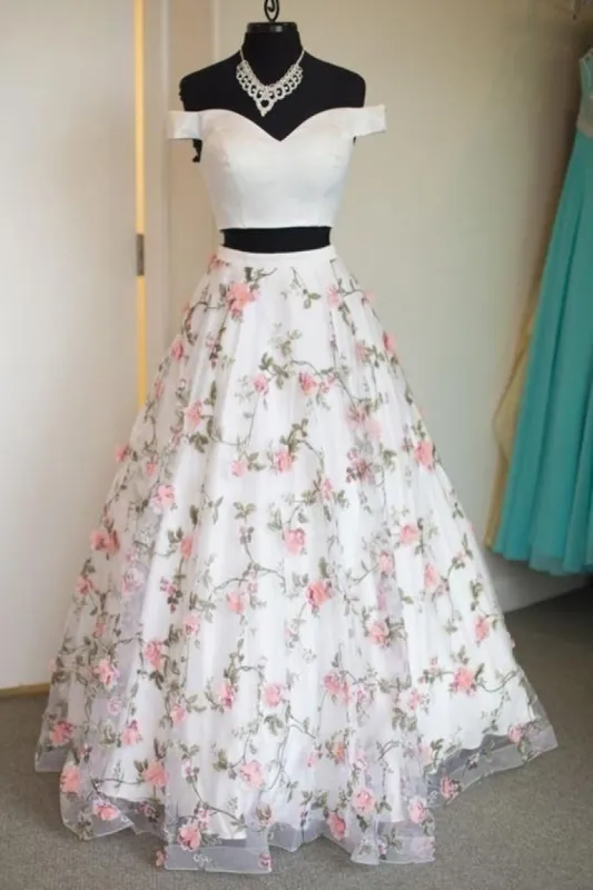 White Two Piece Print Floral Prom Dresses sold by My Chic Dress