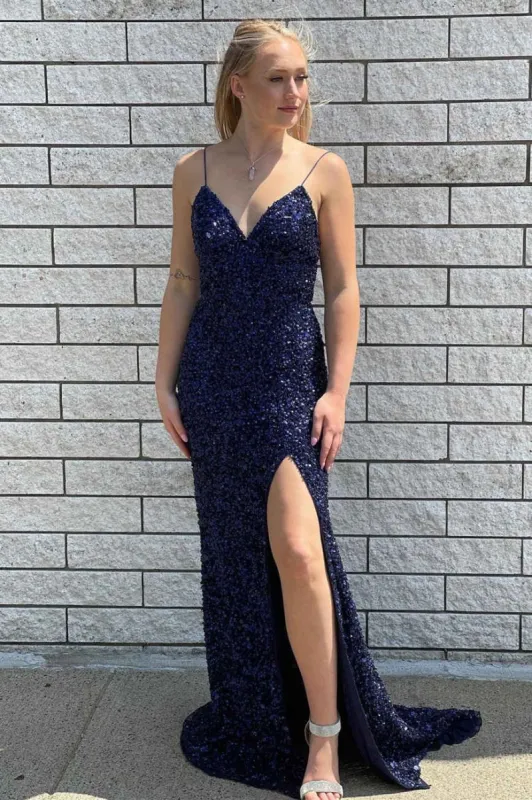 2025 Navy Blue Sequined Prom Dress Long Evening Dress UK V-Neck Straps Slit sold by My Chic Dress