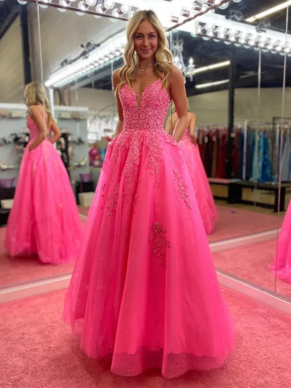 Lace Pink Long Prom Dresses V Neck A Line Evening Dress UK sold by My Chic Dress