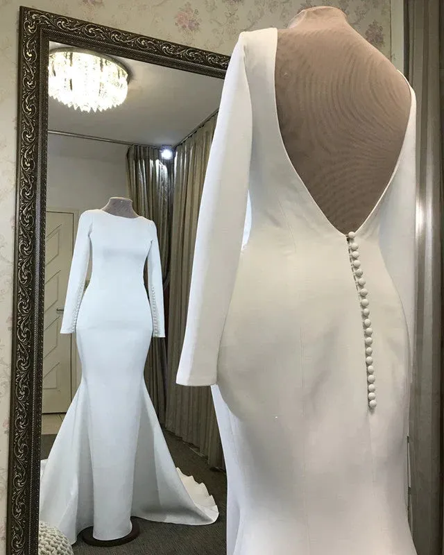 Long Sleeves Satin Minimalist Modest Wedding Dresses Mermaid Open Back sold by My Chic Dress product image thumbnail 3