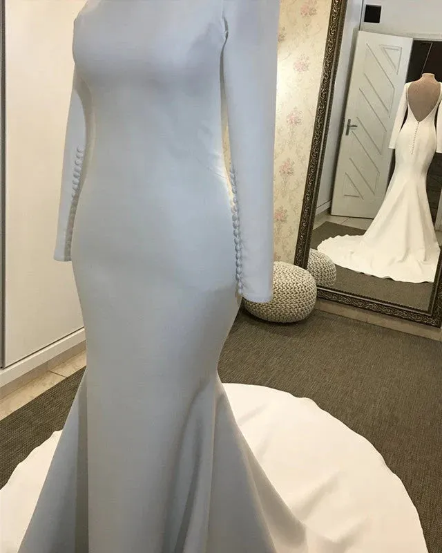 Long Sleeves Satin Minimalist Modest Wedding Dresses Mermaid Open Back sold by My Chic Dress product image thumbnail 2