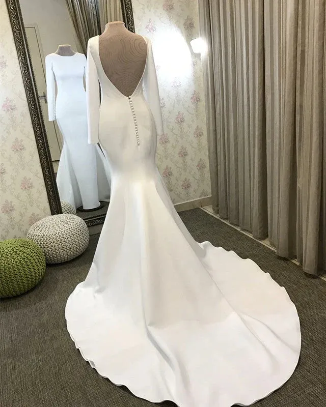 Long Sleeves Satin Minimalist Modest Wedding Dresses Mermaid Open Back sold by My Chic Dress