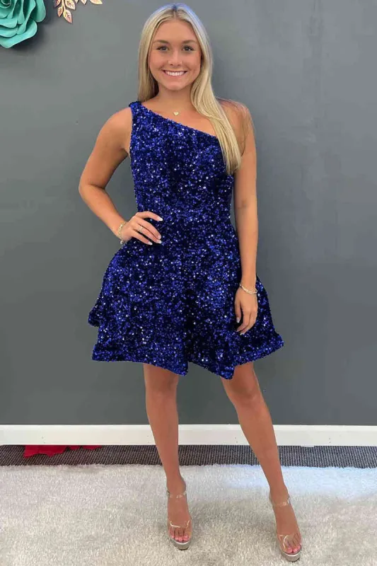 Sequin Royal Blue Homecoming Dress One Shoulder Short Prom Dresses sold by My Chic Dress