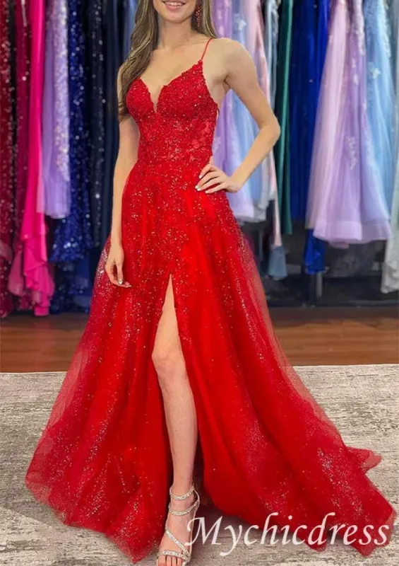 Red V Neck Lace Sequin Prom Dresses with split sold by My Chic Dress