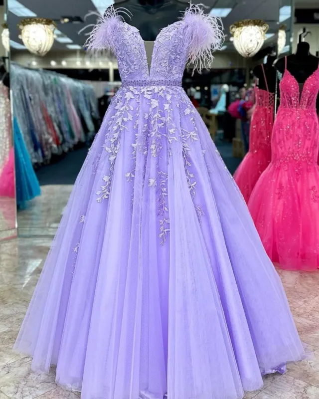 A-Line Off-the-Shoulder Lilac Lace Prom Dresses Appliques Feathers sold by My Chic Dress