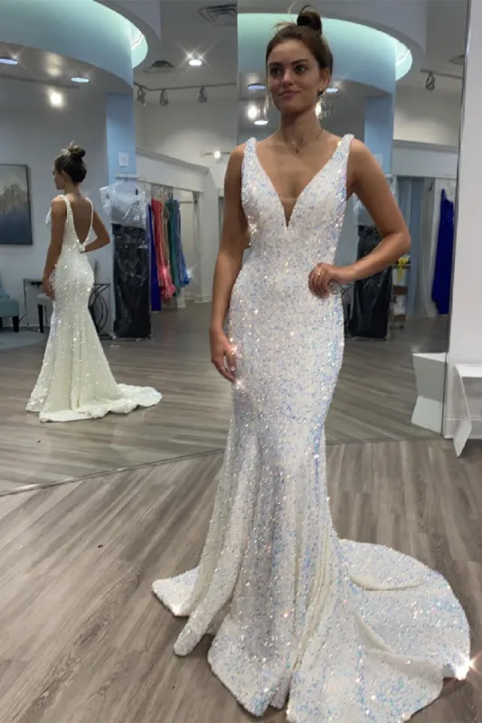 V Neck Sequin Prom Dresses White Mermaid Long Formal Dress sold by My Chic Dress