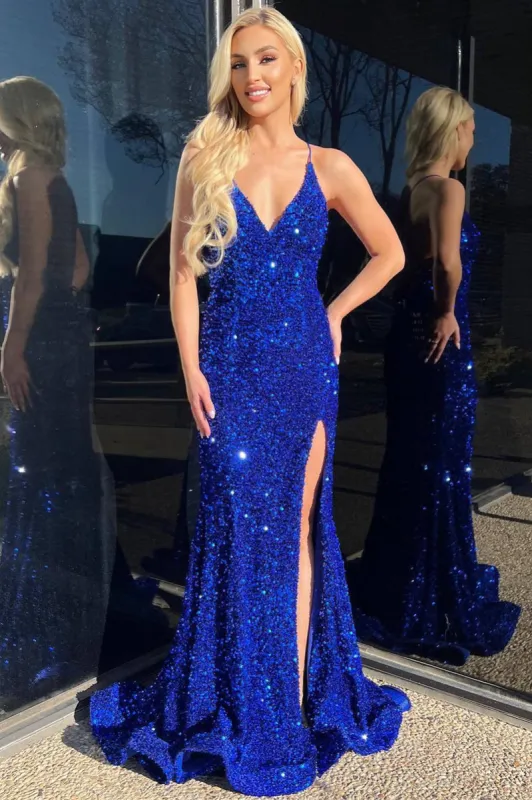 Hot V Neck Royal Blue Prom Dresses Sequin Mermaid sold by My Chic Dress