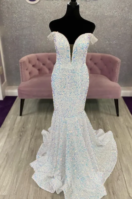 Off the Shoulder White Iridescent Sequin Long Prom Dress Mermaid Formal Dress sold by My Chic Dress