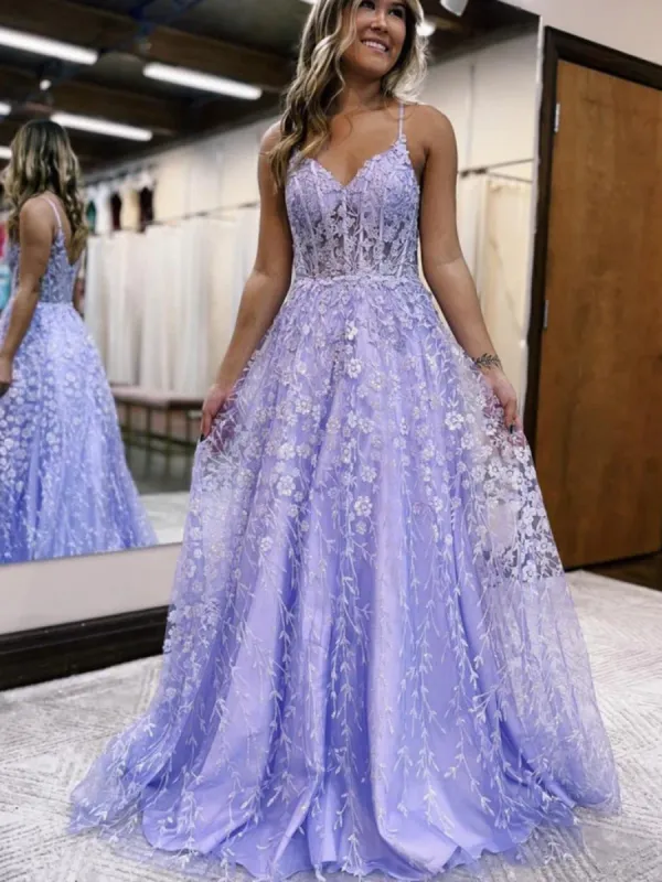 A Line V Neck Long Lilac Lace Floral Violet purple Prom Dresses sold by My Chic Dress