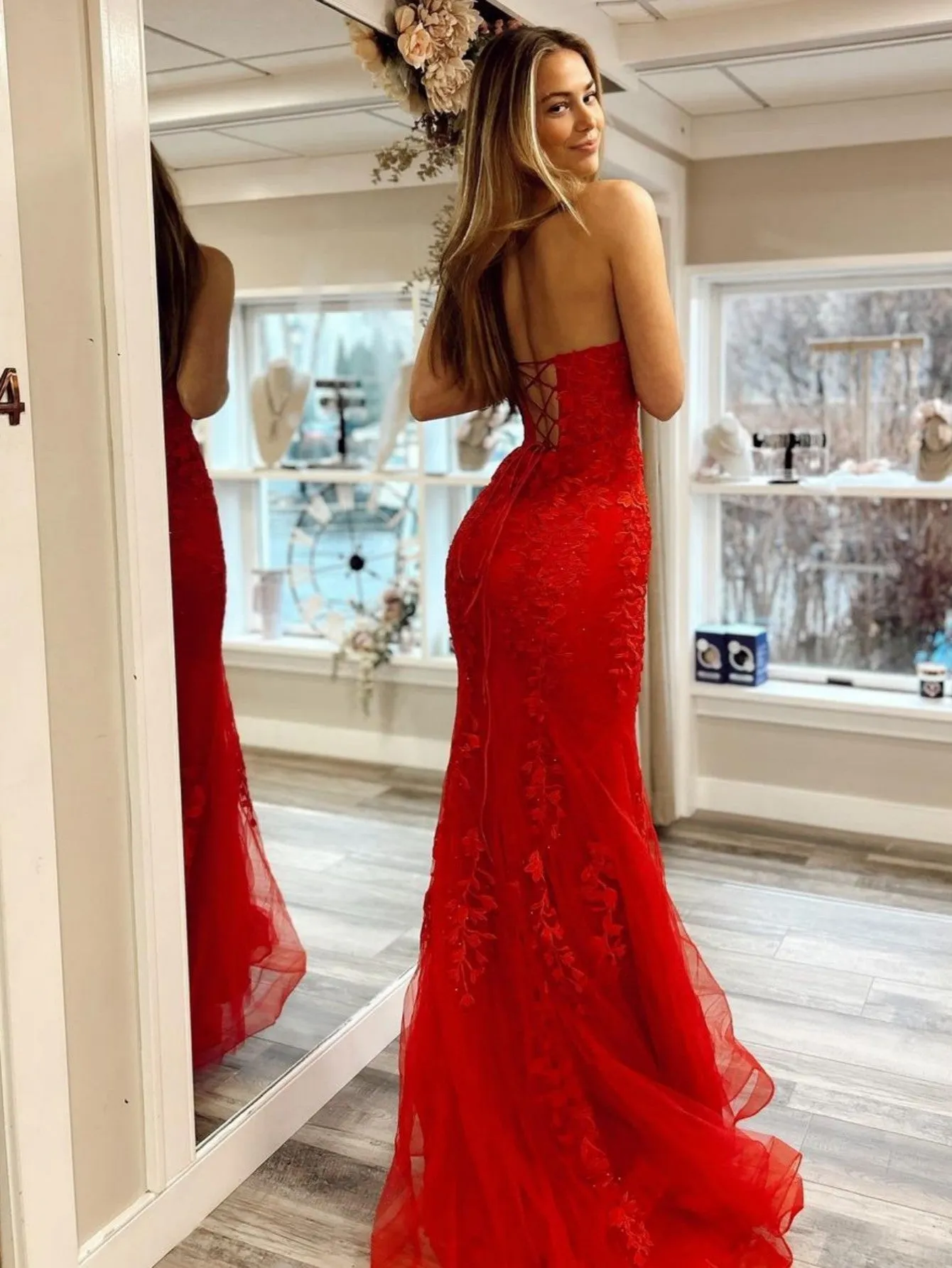 2025 Strapless Long Lace Prom Dresses Red UK Mermaid Appliques sold by My Chic Dress product image thumbnail 2