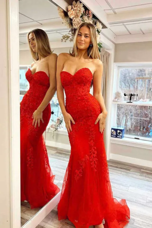2025 Strapless Long Lace Prom Dresses Red UK Mermaid Appliques sold by My Chic Dress