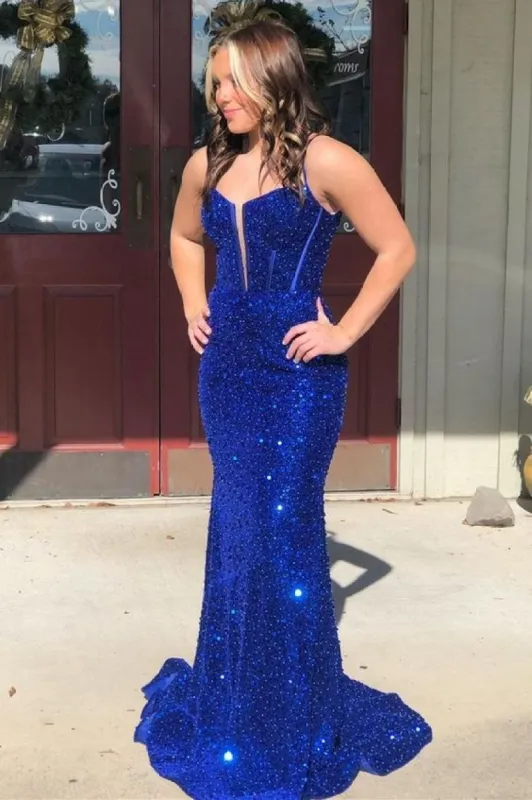 Sparkly Mermaid Royal Blue Corset Prom Dresses Sequins sold by My Chic Dress