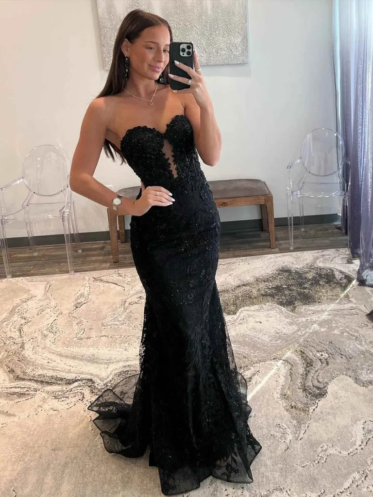 Mermaid Lace Long Black Prom Dresses Strapless with sequins sold by My Chic Dress