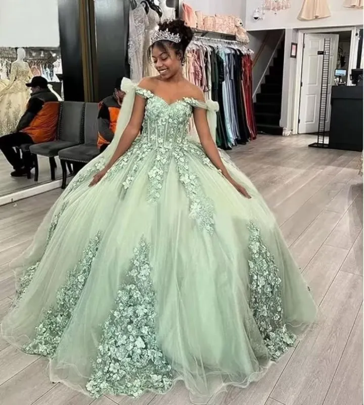 Hot Sage Green Quinceanera Dresses Ball Gown 3D Flowers Sweet 15 Dress sold by My Chic Dress