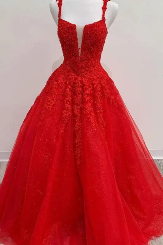 Red Long Prom Dress Lace Appliques A Line Evening Dress UK sold by My Chic Dress