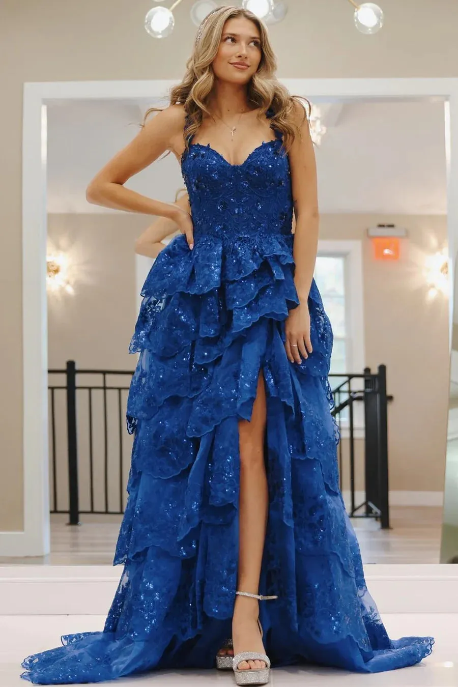 Blue Ruffle Tiered Prom Dresses Tulle Sequin Sweetheart Long Formal Gown sold by My Chic Dress product image thumbnail 3
