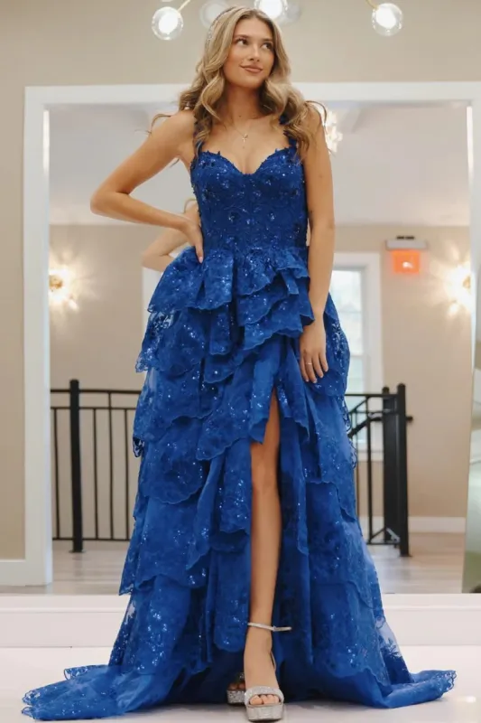 Blue Ruffle Tiered Prom Dresses Tulle Sequin Sweetheart Long Formal Gown sold by My Chic Dress
