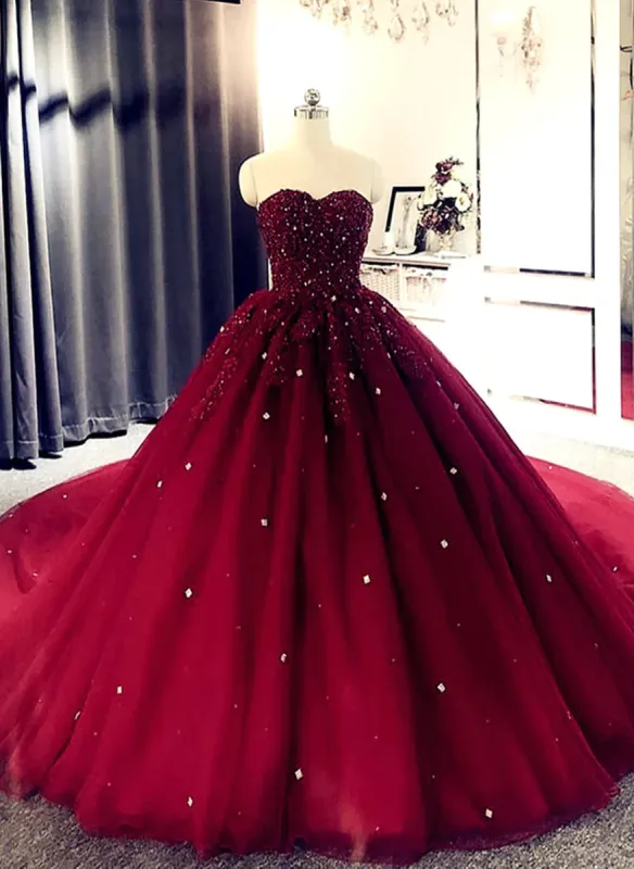 Ball Gown Burgundy Sweetheart Beaded Quince Dresses Sweet 16 Dress sold by My Chic Dress