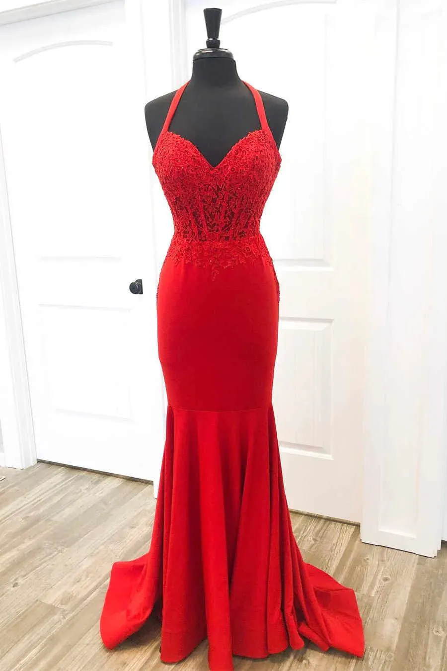 Halter Red Mermaid Long Prom Dresses Lace Appliques sold by My Chic Dress