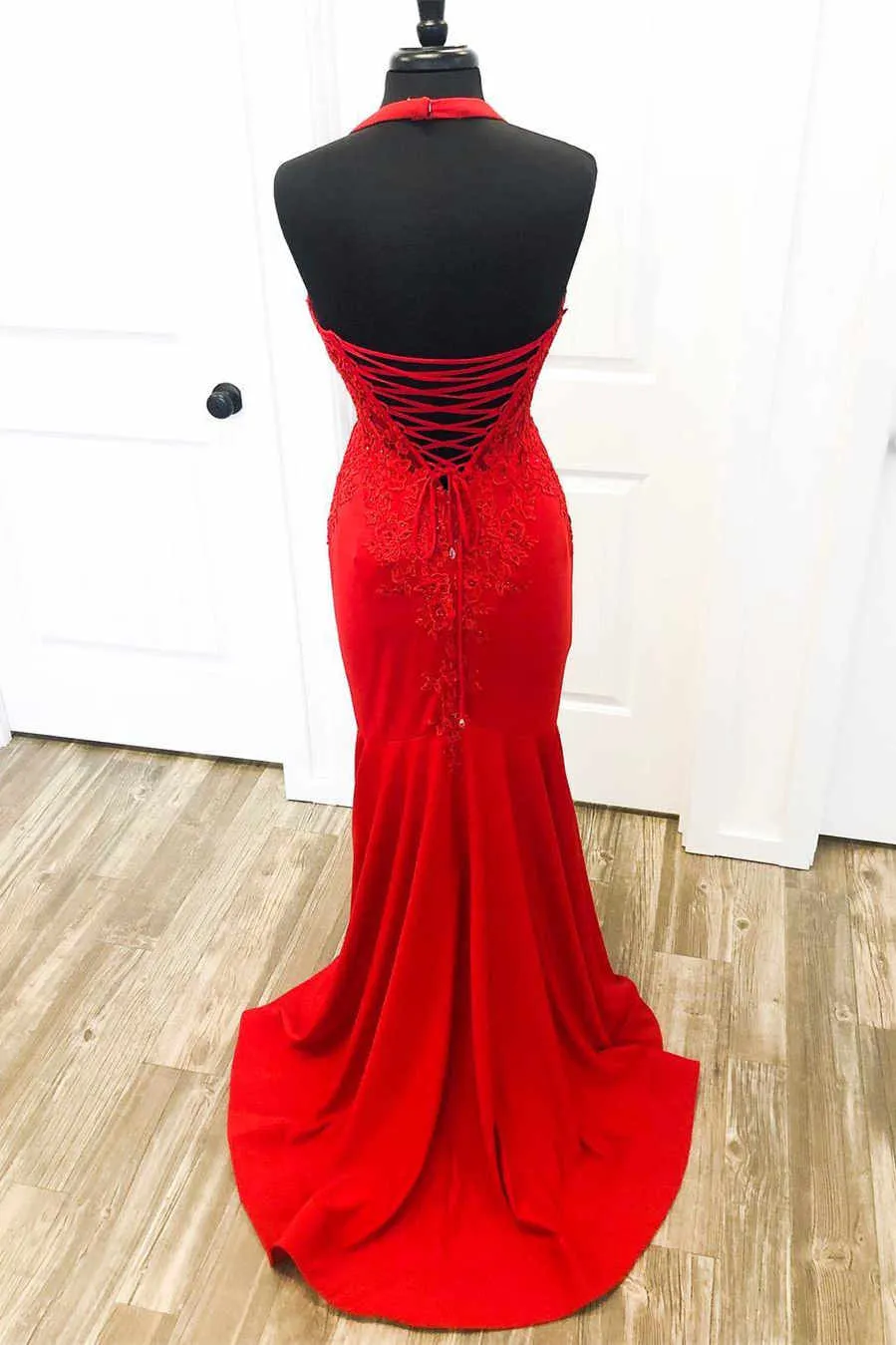 Halter Red Mermaid Long Prom Dresses Lace Appliques sold by My Chic Dress product image thumbnail 2