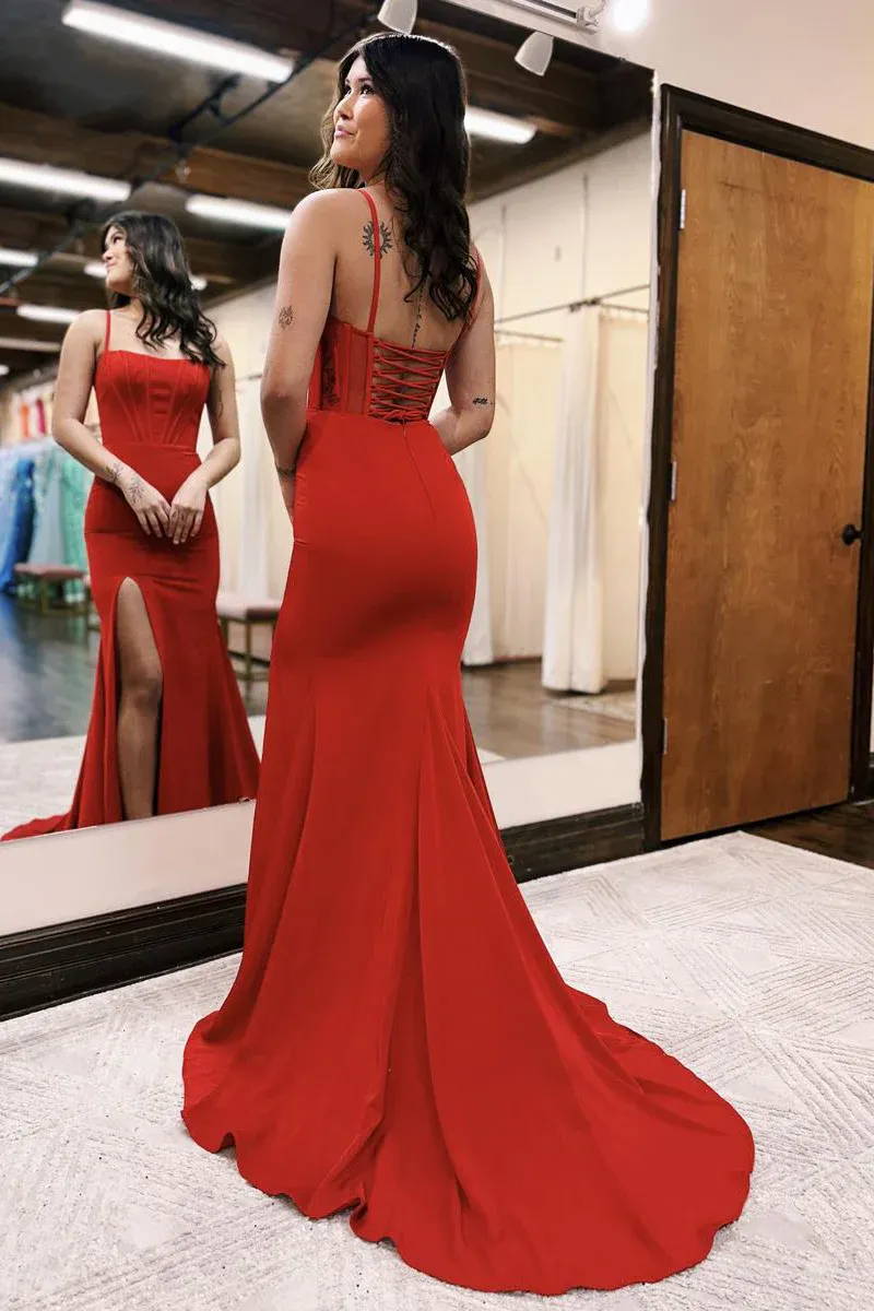 Simple Red Long Prom Dresses Satin Spaghetti Straps Mermaid Evening Dress sold by My Chic Dress product image thumbnail 2