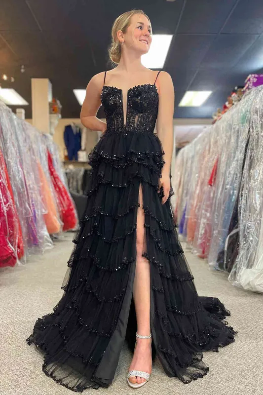 A Line Black Long Tiered Prom Dresses Sequined Layered Straps sold by My Chic Dress