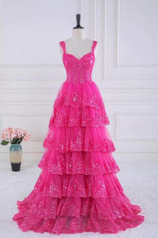 Ball Gown Corset Layered Hot Pink Prom Dresses Sweetheart Sequin sold by My Chic Dress