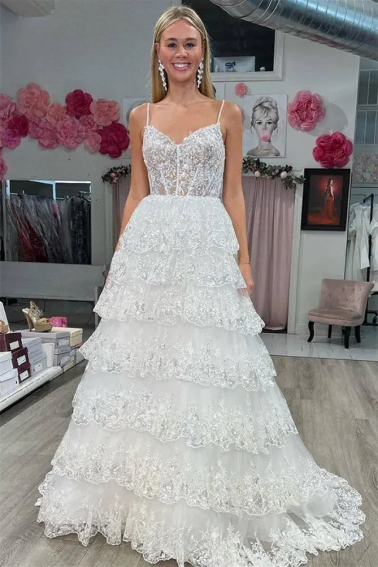 White Layered Tiered Prom Dresses Sequin Spaghetti Straps A-Line sold by My Chic Dress