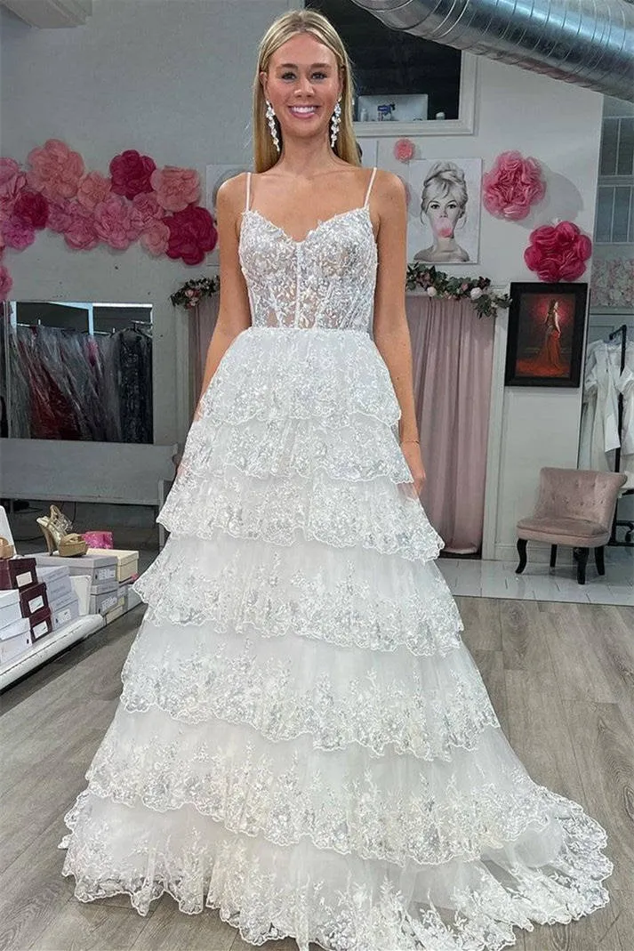 White Layered Tiered Prom Dresses Sequin Spaghetti Straps A-Line sold by My Chic Dress