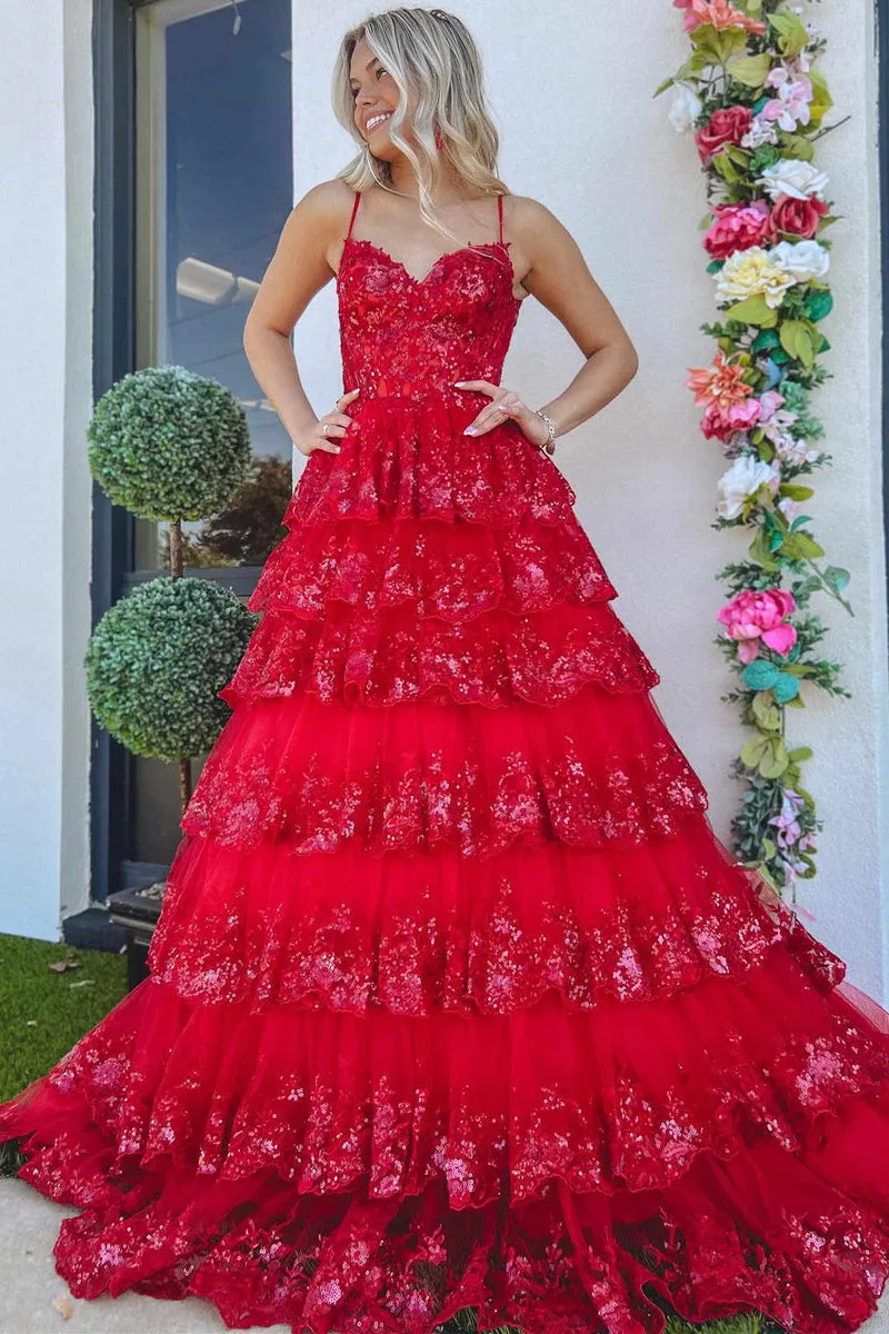 White Layered Tiered Prom Dresses Sequin Spaghetti Straps A-Line sold by My Chic Dress product image thumbnail 5