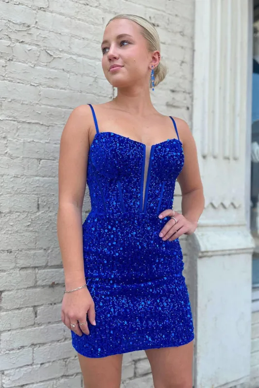 Short Bodycon Royal Blue Homecoming Dress Sequins Straps sold by My Chic Dress