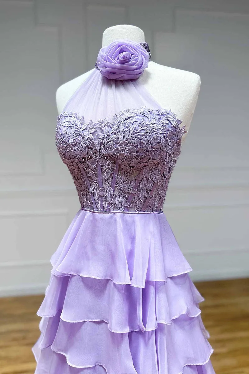 Lavender Long Tiered Violet Prom Dress Ruffle High Neck with 3D Flower sold by My Chic Dress product image thumbnail 2