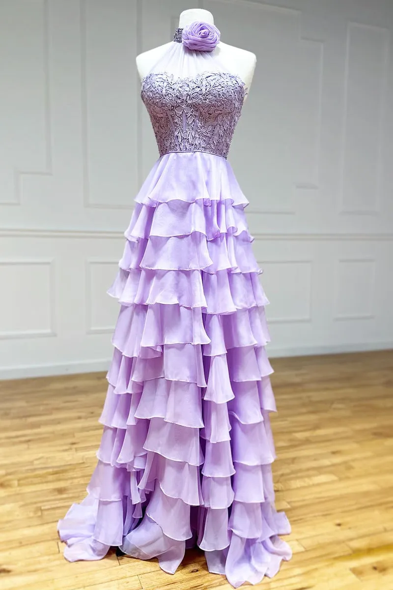 Lavender Long Tiered Violet Prom Dress Ruffle High Neck with 3D Flower sold by My Chic Dress