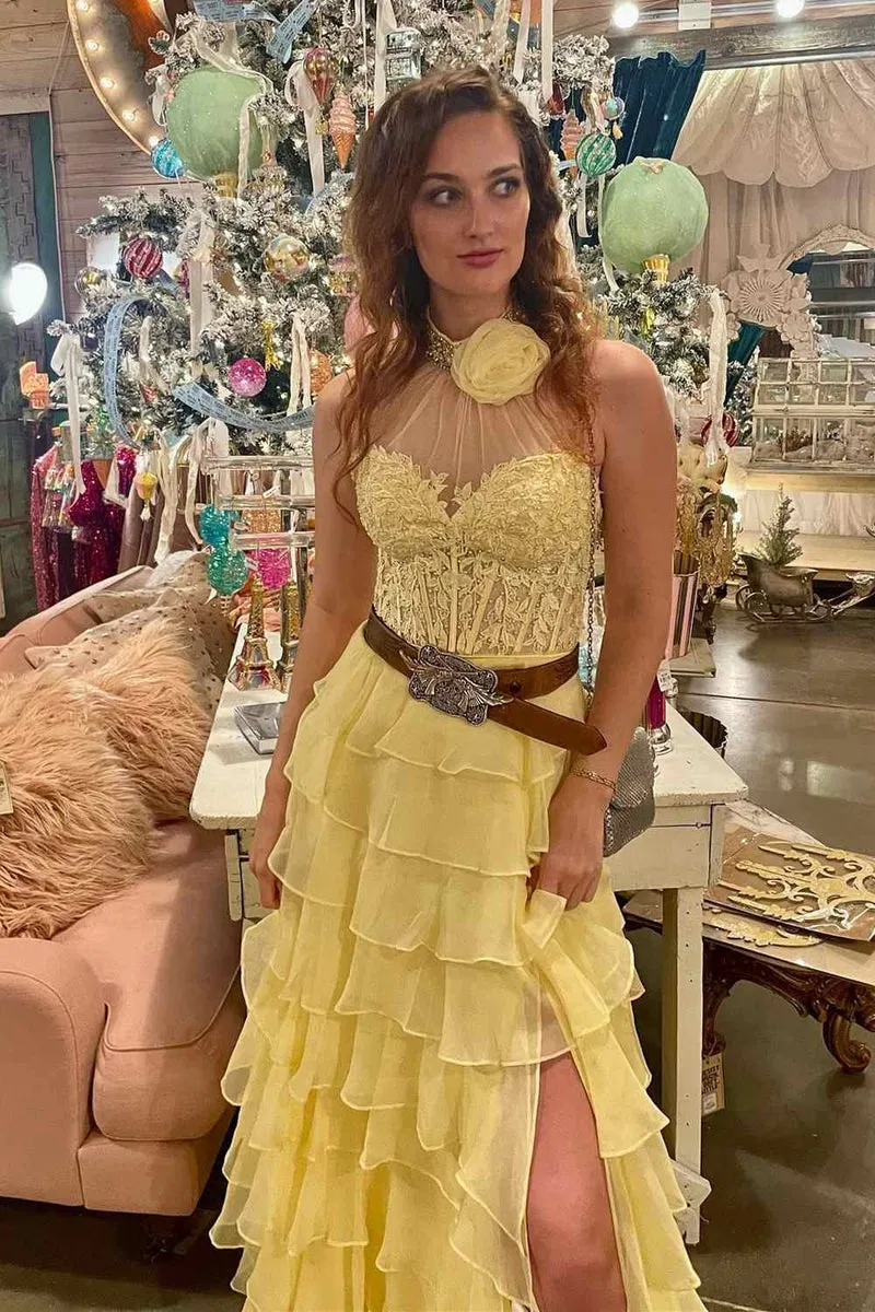 Lavender Long Tiered Violet Prom Dress Ruffle High Neck with 3D Flower sold by My Chic Dress product image thumbnail 5