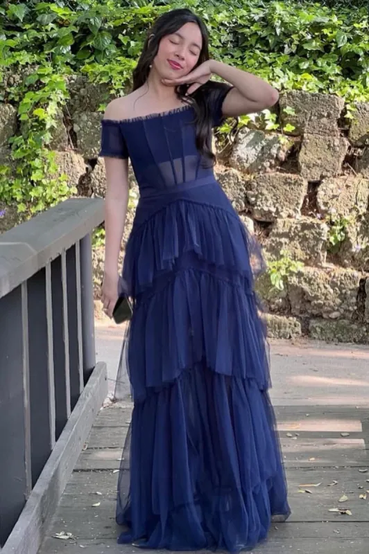 Long Navy Blue Tiered Prom Dress Tulle Off the Shoulder Formal Dress sold by My Chic Dress
