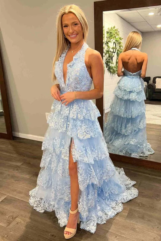 Halter Light Blue Long Prom Dresses Tiered Ruffle Appliques Formal Dress sold by My Chic Dress