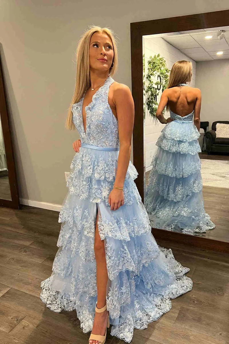 Halter Light Blue Long Prom Dresses Tiered Ruffle Appliques Formal Dress sold by My Chic Dress product image thumbnail 2