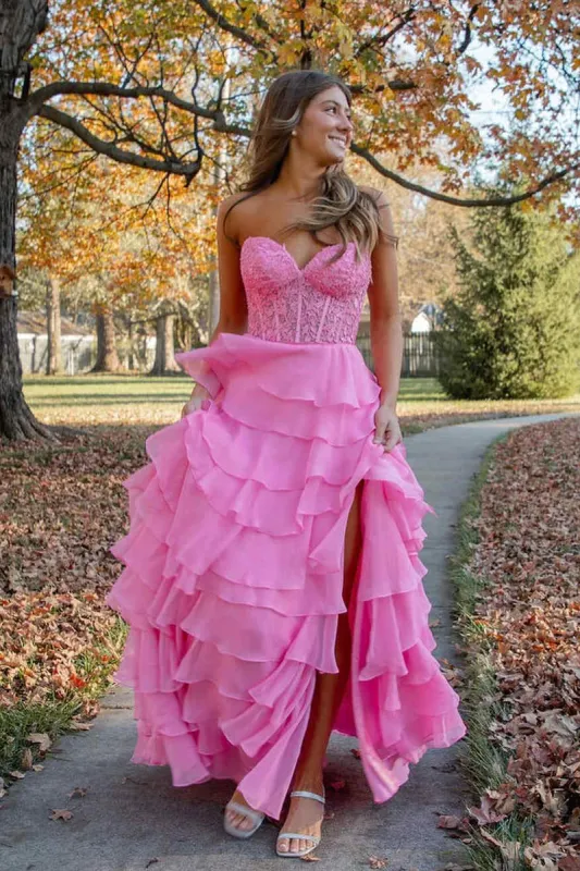 2025 Hot Pink Corset Long Prom Dresses Ruffle Sweetheart Lace Chiffon sold by My Chic Dress