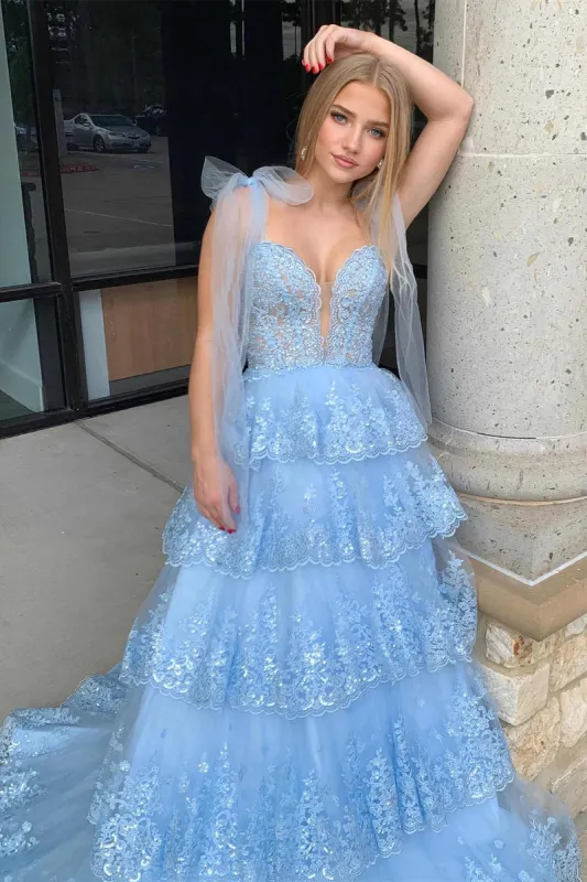 2025 Light Blue Layered Prom Dress Tiered Tie Staps Plunging Neck sold by My Chic Dress