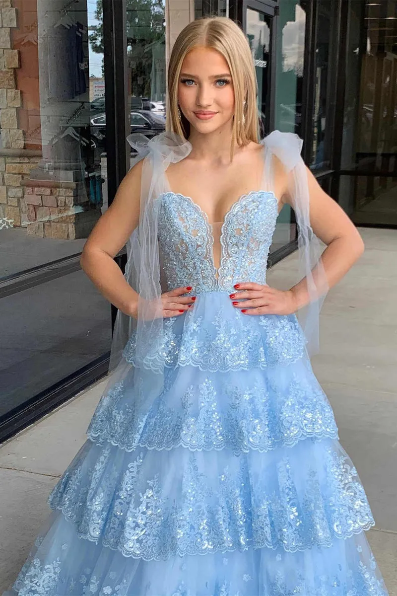 2025 Light Blue Layered Prom Dress Tiered Tie Staps Plunging Neck sold by My Chic Dress product image thumbnail 4
