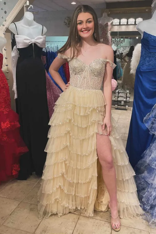 2025 Tiered Prom Dresses Champagne Ruffle Off the Shoulder Sequin sold by My Chic Dress